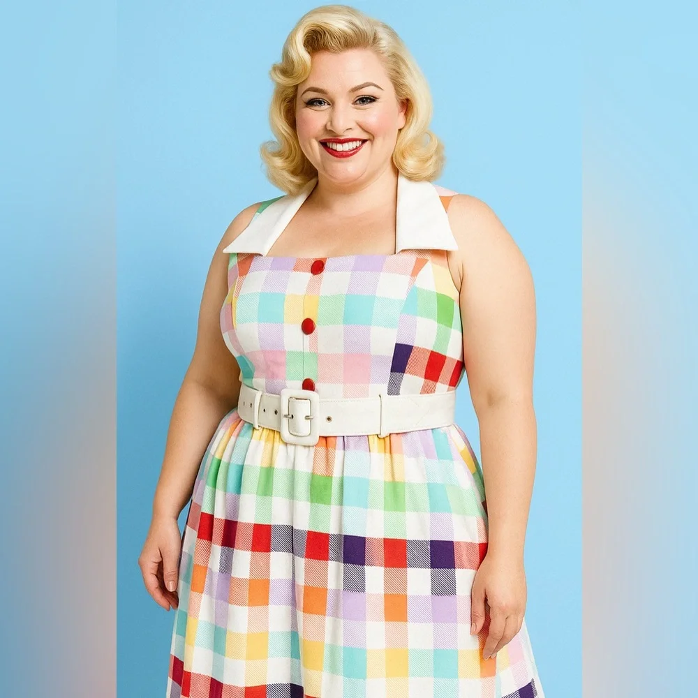Unique Vintage Collectif Rainbows Over Hollywood Gingham Halter Swing Dress, NWT - Picture 15 of 16